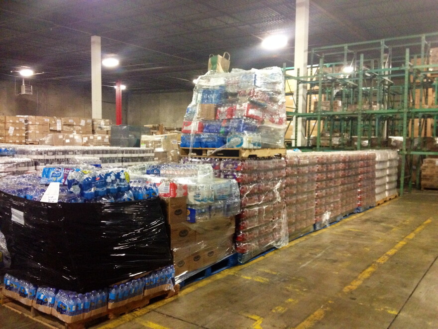 Pallets of water fill one of Feed the Children's Oklahoma City warehouses. 