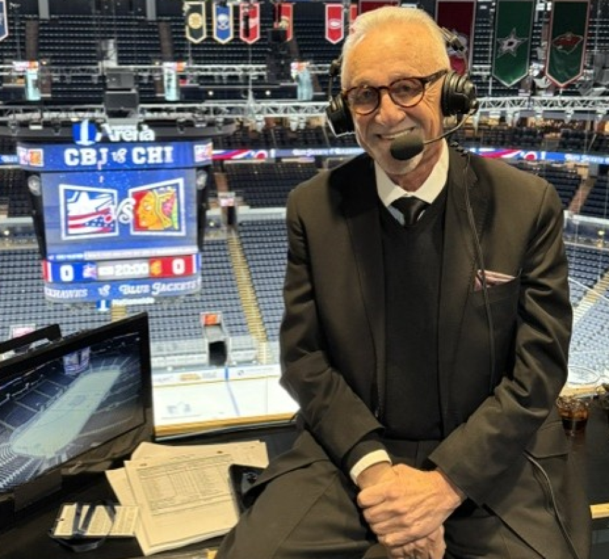 Retired Columbus Blue Jackets broadcaster Jeff Rimer in the booth before calling a Blue Jackets game.