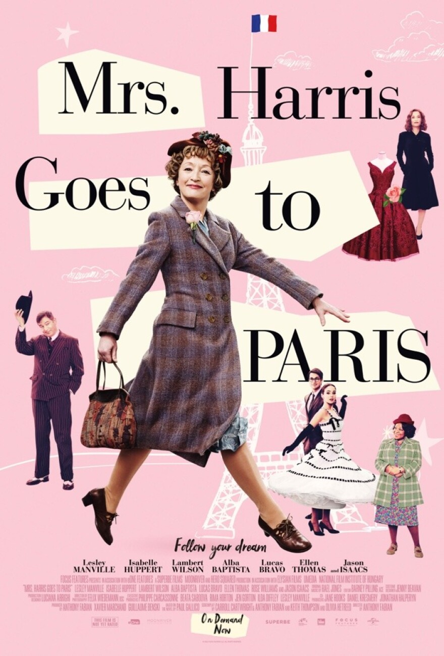A movie poster for "Mrs. Harris Goes to Paris" has a pink background with cutouts for the movie's title. Actress Lesley Manville is in the center in a walking motion wearing a long coat and purse. Supporting actors are shown around her and the words "follow your dreams" are below.