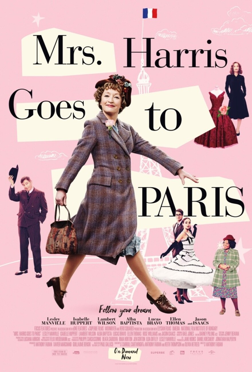 A movie poster for "Mrs. Harris Goes to Paris" has a pink background with cutouts for the movie's title. Actress Lesley Manville is in the center in a walking motion wearing a long coat and purse. Supporting actors are shown around her and the words "follow your dreams" are below. 