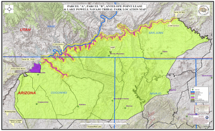 Parcel A, purple, and Parcel B, pink, represent Page, Ariz. and Lake Powell. They were created by an act of Congress in 1958, which transferred land in southeast Utah to the Navajo Tribe. The buffer zone, yellow, extends into tribal land, green. &#13;
Credit: Navajo Land Department&#13;
