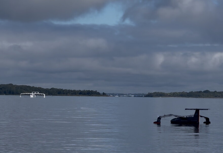 Regent's prototype seagliders out for a test drive on Narragansett Bay. The Viceroy (left) can carry 12 passengers while the Squire is a drone designed mainly for military use. Credit: David Wright/Ocean State Media