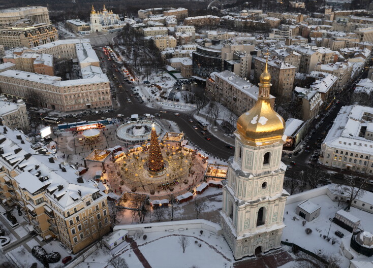Snow covers Kyiv's city center in December.
