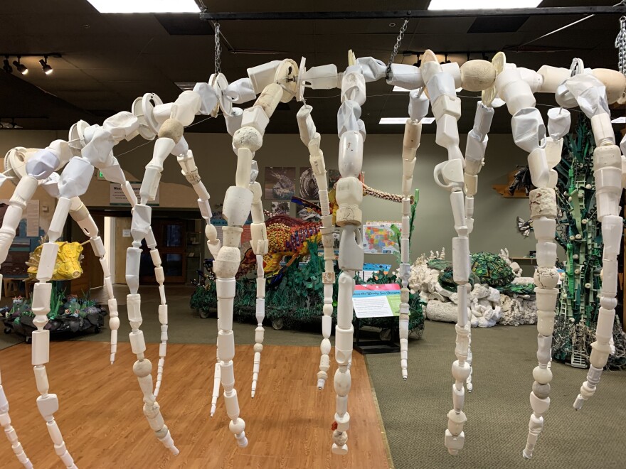 A to-scale sculpture of a juvenile humpback whale rib cage made of plastic bottles.