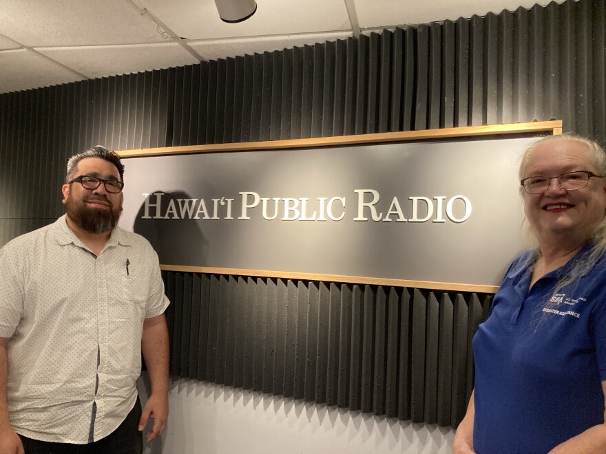 SBA Public Information Officer Cynthia Cowell, right, with The Conversation's Russell Subiono at Hawaiʻi Public Radio.