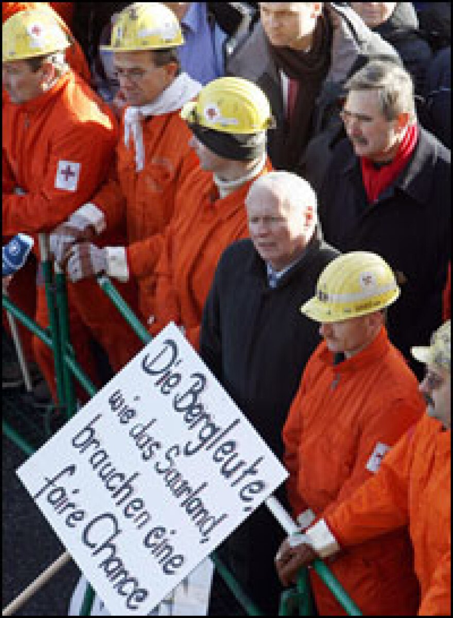 Left Party leader Oskar Lafontaine protests with miners against the closure of mines in Saarbrucken, Germany, on March 5.