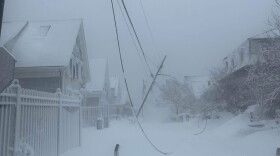 Downed power lines on a snow covered road in provincetown.