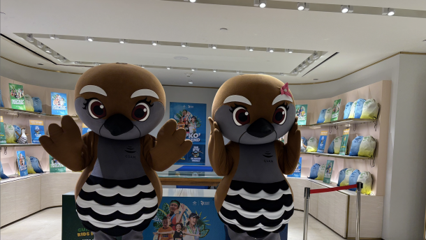 Guam's Ko'ko' bird mascots at the GVB Ko'ko' Run 2026 press conference.