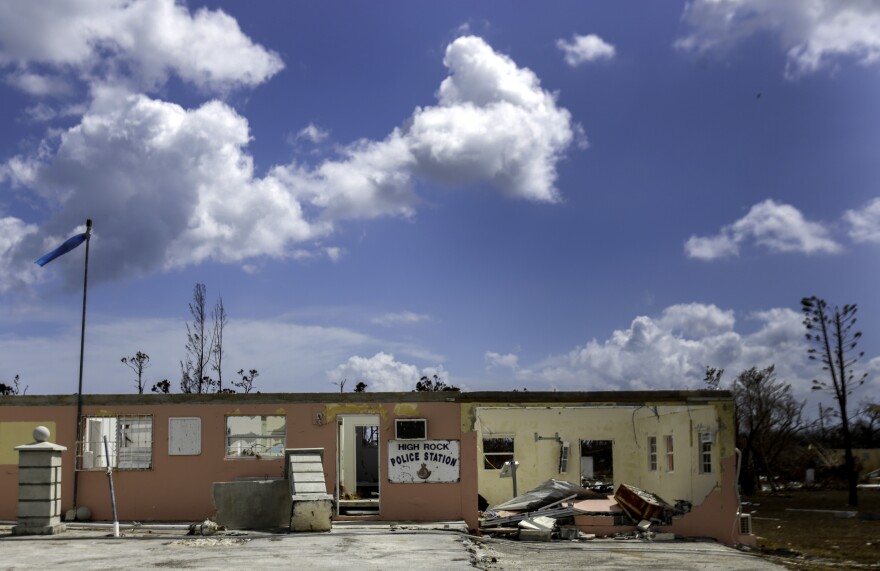 The High Rock Police station sits damaged from Hurricane Dorian in High Rock, Grand Bahama on September 16, 2019. 