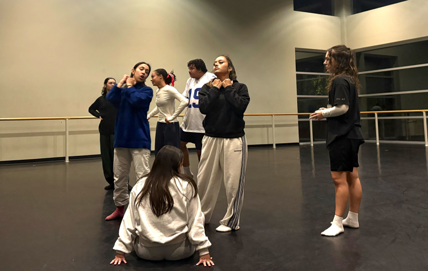 Uribe rehearses her piece with other dancers. “I like her ability to create things on the spot,” Lollar said.