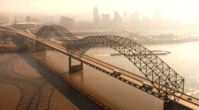 Hernando de Soto Bridge spanning the Mississippi River between West Memphis, AR and Memphis, TN.