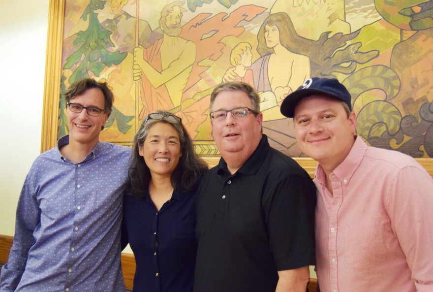 Bill Radke, Deb Wang, Chris Vance and Luke Burbank  at the Leif Erikson Lodge as part of the 'Week in Review' summer tour.