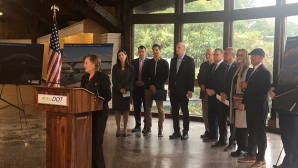 Local and state leaders gathered at the former Christmas Tree Shops store at the foot of the Sagamore Bridge to announce that the state has issued requests for proposals from developers to replace the bridge.