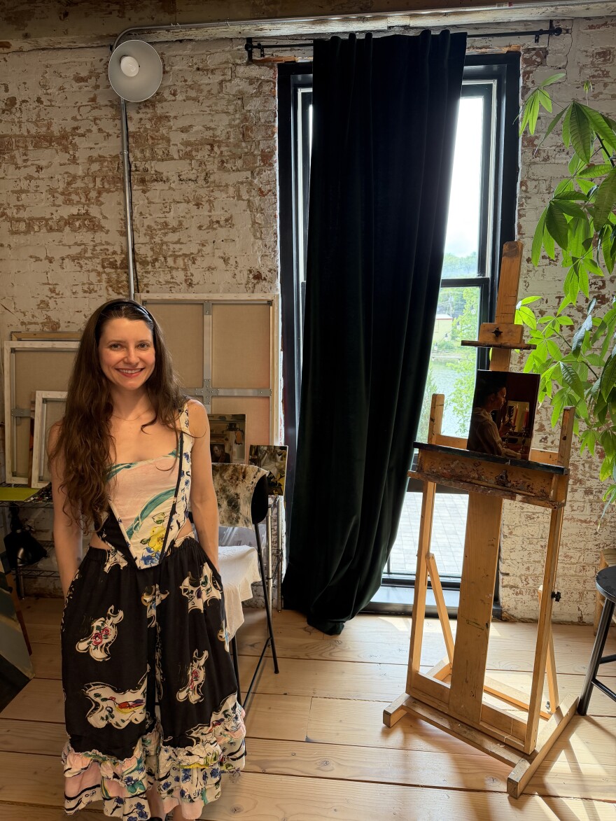 Painter Emily Coan in her studio at Foreland