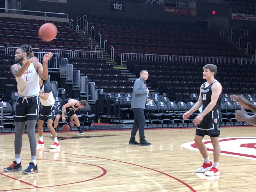 Bradley men's basketball coach Brian Wardle, center, watches his team practice last week at Carver Arena. The Braves will look to bounce back from an inconsistent 2020-21 season when they tip off the new season Tuesday night at South Dakota State.