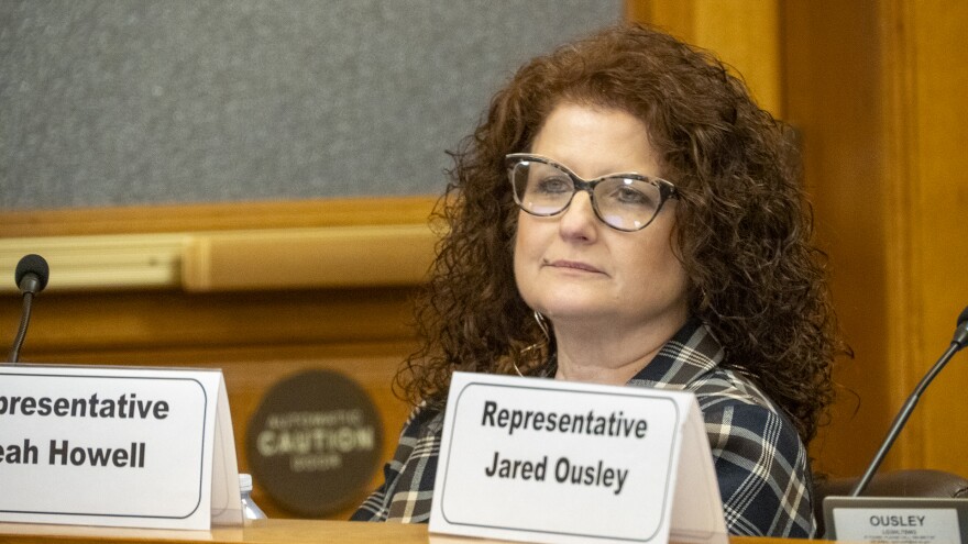 Rep. Leah Howell, a Derby Republican, co-sponsors a bill that could level the playing field between renters and homeowners when it comes to multiple payments in a month. She appears here on March 31, 2025, in a committee hearing in Topeka.