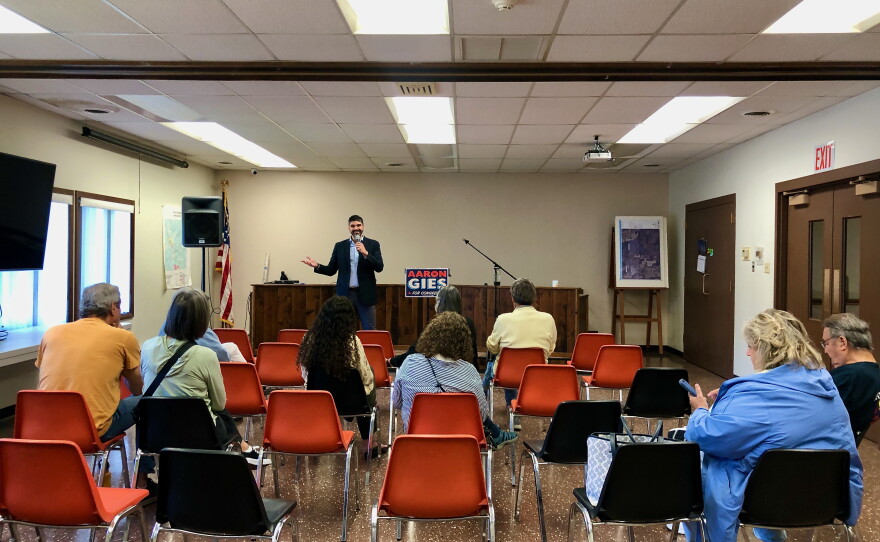 NY23 Democratic Party and Working Families Party candidate Aaron Gies speaks to a small group in Campbell.