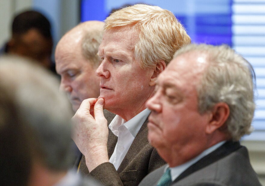 Alex Murdaugh, center, listens to a recording of himself retelling how he was shot in a bizarre roadside incident in Sept. 2021, during his double murder trial at the Colleton County Courthouse on Thursday, Feb. 16, 2023, in Walterboro, S.C. The 54-year-old attorney is standing trial on two counts of murder in the shootings of his wife and son at their Colleton County home and hunting lodge on June 7, 2021. (Grace Beahm Alford/The Post And Courier via AP, Pool)