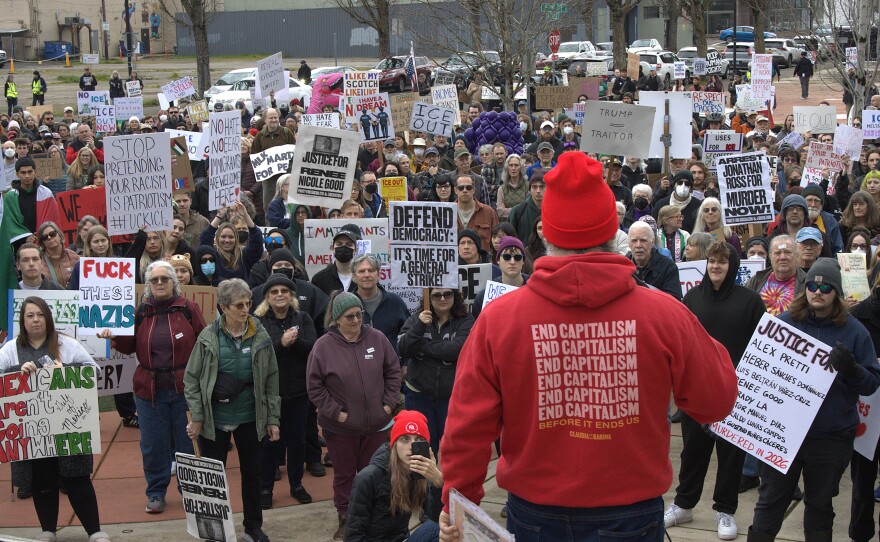 A speaker addresses a protest at Springfield City Hall on Friday, Jan. 30, 2026.