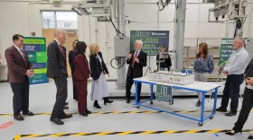 First Lady Jill Biden learns about Ivy Tech's electric line technology program during a visit to Valparaiso Monday.