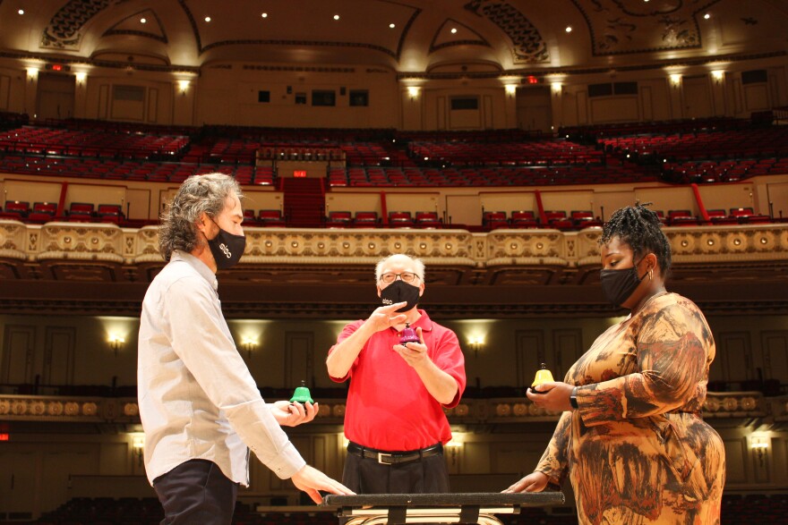 SoundLab includes lessons that tie in music and science. Shannon Wood, (left) Tom Stubbs (center) and Michelle Byrd (right) record an episode of SoundLab.