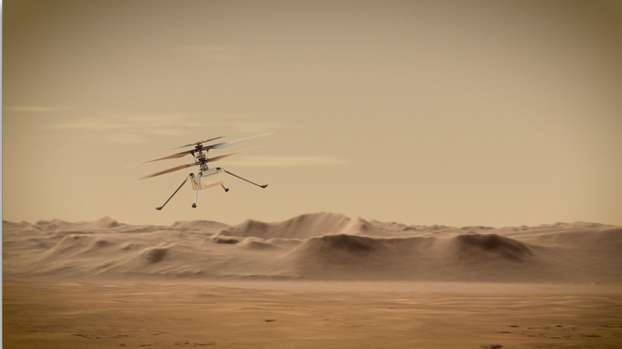 An artist's rendering of NASA's Ingenuity Mars Helicopter flying above the surface of the red planet.