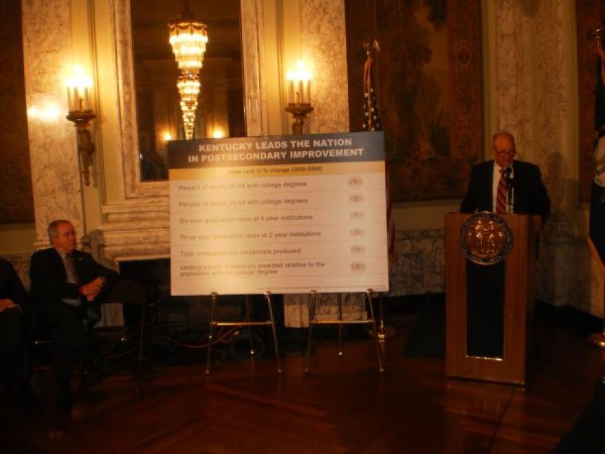 Council on Postsecondary Education President Bob King at the podium along with E-K-U President Doug Whitlock looking on during capital announcement