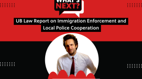Red background with a thick black stripe in the middle. In the top corner is "EPISODE 340" in white text. then, centered from top to bottom, is: What's Next? logo, "UB Law Report on Immigration Enforcement and Local Police Cooperation", then a photo of Paul Linden-Retek with his name underneath.