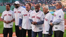Boston Red Sox greats, from left, Pedro Martinez, David Ortiz, Wade Boggs, Jim Rice, Carl Yastrzemski and Carlton Fisk, gather during a ceremony prior to Friday's game against the Tampa Bay Rays at Fenway Park. 