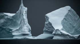 The Cover Image for the documentary "The Memory of Darkness, Light, and Ice," shows two large glaciers nearly touching in a cold sea