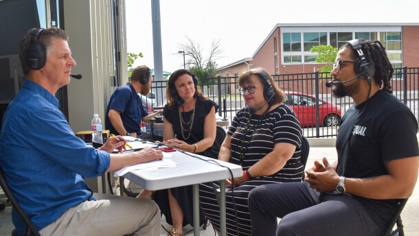 Left to right: Steve Kraske, Jennifer Strickland, Mary Essleman and Dontavious Young speak about issues businesses on Troost Avenue would like to see addressed during a remote broadcast of KCUR's Up To Date.