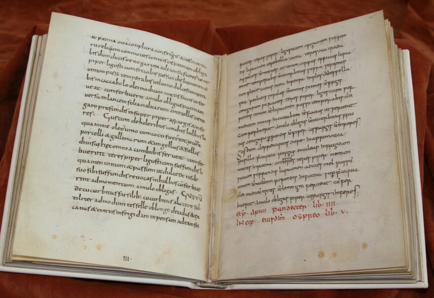 9th-century manuscript <em>De re culininaria</em> (sometimes <em>De re coquinaria</em>), attributed to Apicius.
