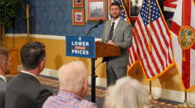 Florida Attorney General James Uthmeier speaking at a press conference on Thursday, Aug. 27, 2026.