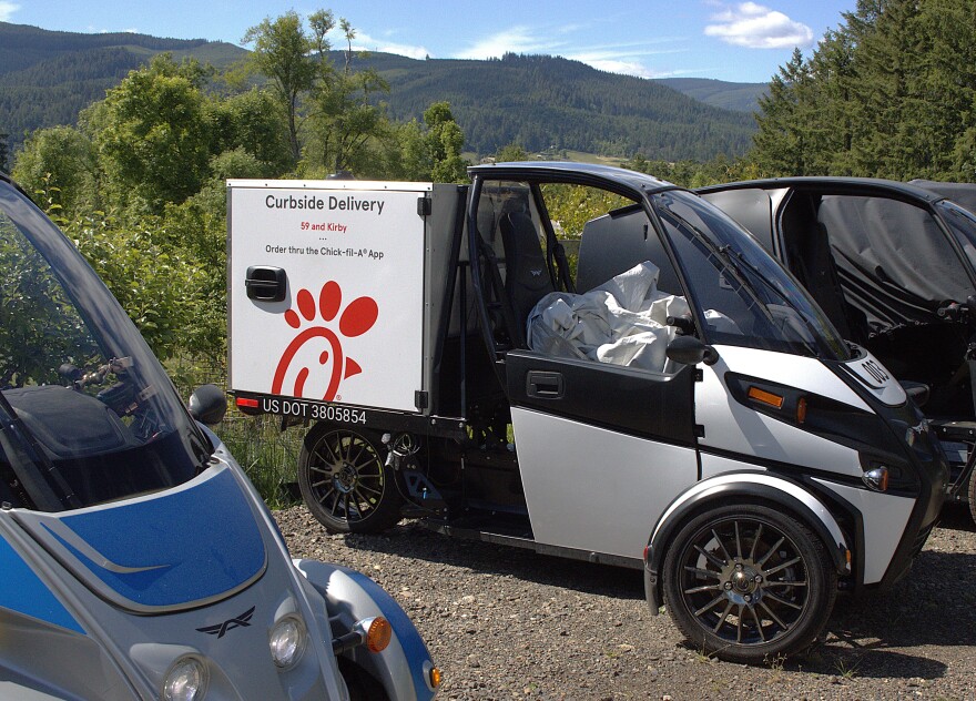 An Arcimoto deliverator, May 17, 2026. Brad Harness, the owner of FUV Mods, said this was formerly used by Chick-fil-A restaurants in Texas.