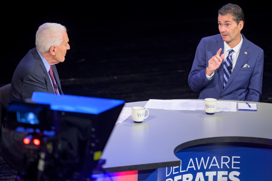 Eric Hansen responding to questions from debate moderator Ralph Begleiter on the 2024 Delaware Debates stage Wednesday on the University of Delaware campus.