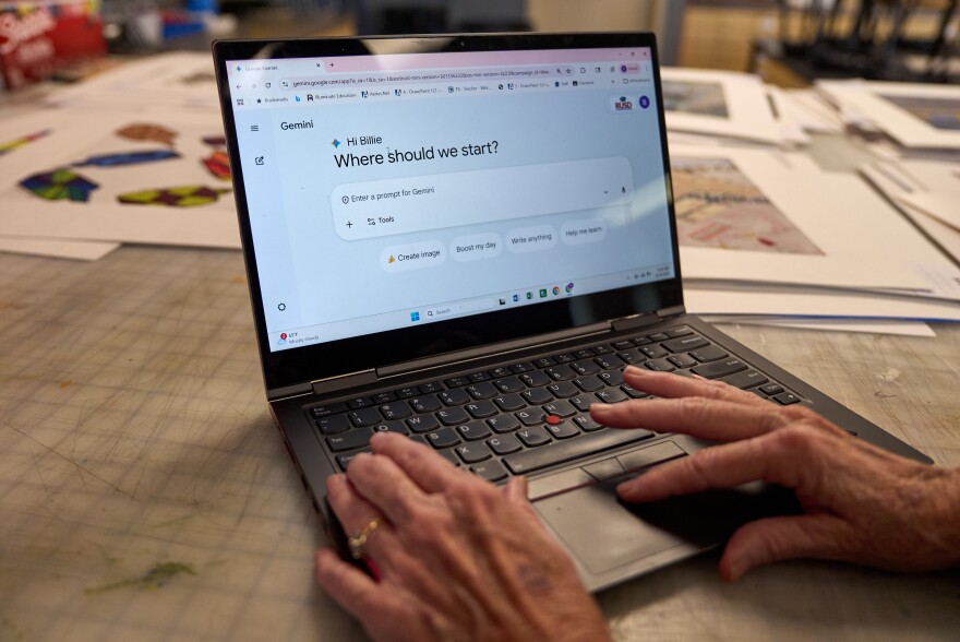 Art teacher Joyce Hatzidakis uses the AI tool Google Gemini in her high school classroom Thursday, Jan. 22, 2026, Riverside, Calif. (AP Photo/Damian Dovarganes)