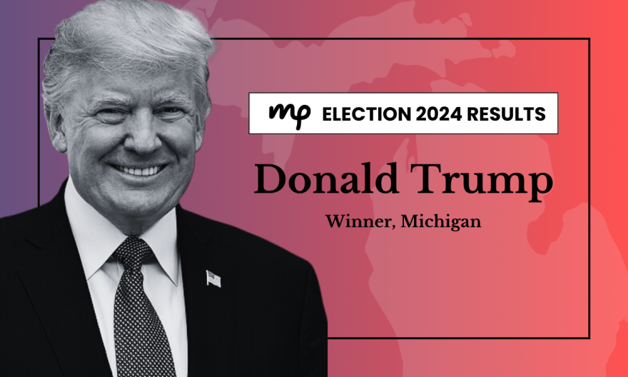 black and white image of Donald Trump against a red gradient background