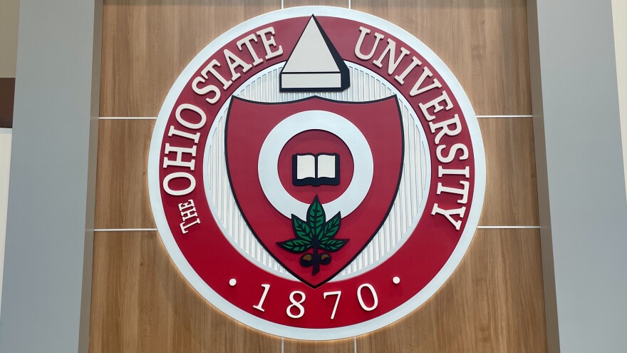 The seal of Ohio State University is seen inside the Longaberger Alumni House on March 3, 2026.