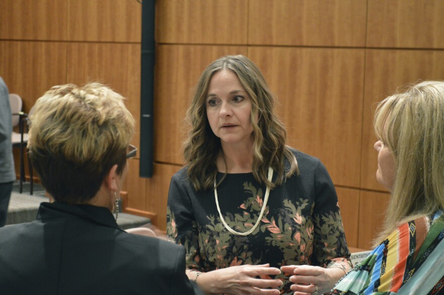 FILE - State Rep. Rebecca Dow, R-Truth or Consequences, speaks to staff before the start of the New Mexico Legislative session, in Santa Fe, N.M., Jan. 15, 2019. Former television meteorologist Mark Ronchetti and Dow are prominent GOP contenders in a contest touching on concerns about U.S. border security, urban crime, inflation and the teaching of race and ethnicity in a heavily Latino and Native American state. (AP Photo/Russell Contreras, File)