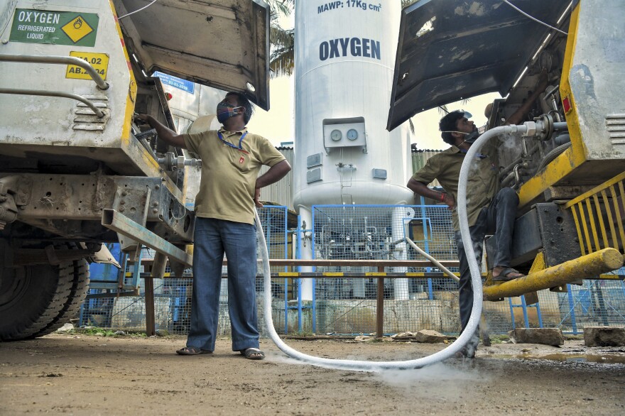 A tanker is refilled with oxygen for hospitals and medical facilities in Bangalore on May 5.
