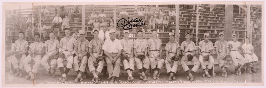 Mickey Mantle (labeled) played shortstop on The Whiz Kids, the 1948 Cardinal Junior League championship team from Baxter Springs, Kan. The original photograph was autographed by Mantle in 1986. (Photo Courtesy of Kansas Historical Society / kansasmemory.org)