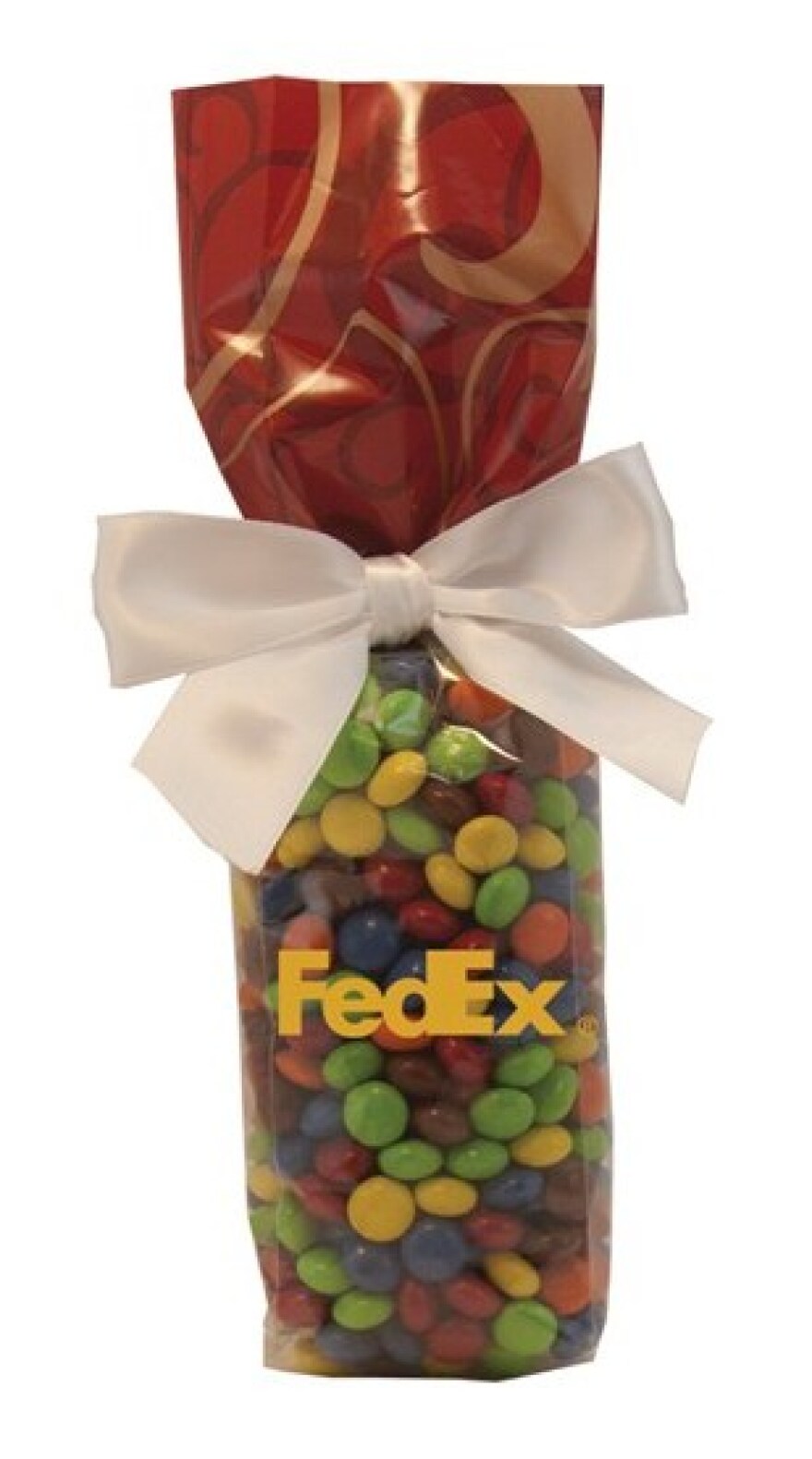 A bag of candies tied with a bow with FedEx printed on the front