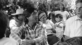 Cesar Chavez is shown during a rest period at a school on the outskirts of Sacramento during march, Aug. 1, 1975.