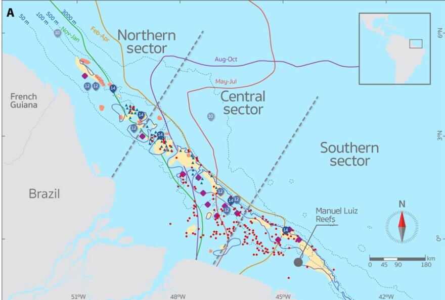 A map of the Amazon shelf showing the newly discovered reef structures in yellow.