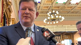 House Speaker Jason Stephens (R-Kitts Hill) gaggles with reporters in November 2023.
