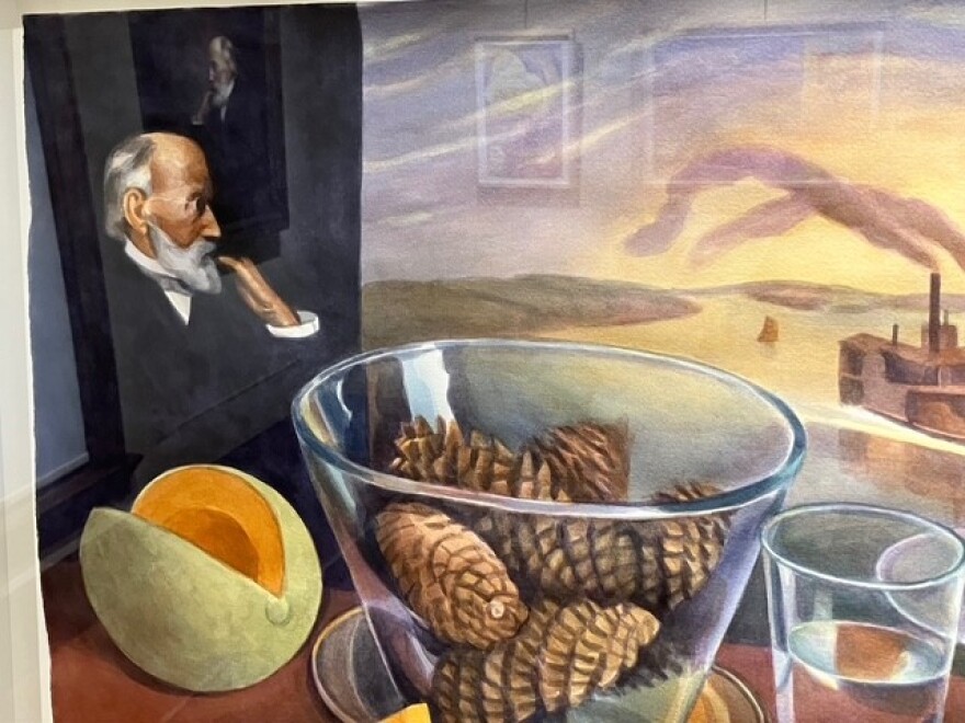 A painting by former Figge Art Museum executive director Tim Schiffer, including a Peter Musser portrait, which hangs in the same room.