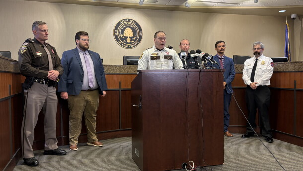 Cass County Sheriff Jesse Jahner speaks to reporters.
