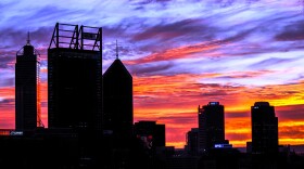 city skyline at sunset