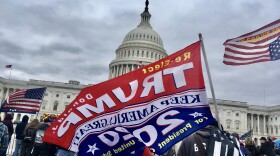 trump flags and american flags drape protestors at the Capitol