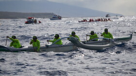 A Molokaʻi crew, seen here in the foreground, during the starting portion of Na Wahine O Ke Kai in 2024.